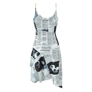 Women Newspaper Letter Print Hem Sling Dress Fashion Straps with Chain Summer A - Picture 1 of 20