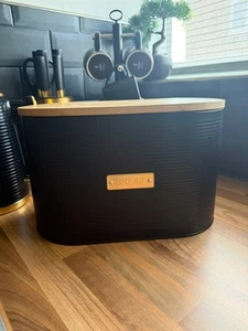 Oval Bread Bin with Bamboo Wooden Lid/Top Black VGC - Picture 1 of 5