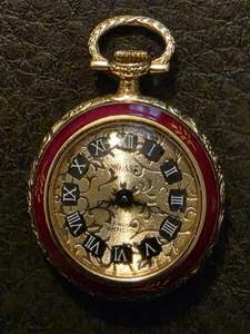 Vintage Milast 17 Jewel Red Enameled Goldtone Floral Watch Pendant - Picture 1 of 6