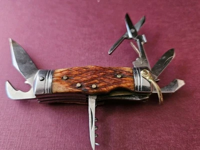 Vintage Mitsuboshi  Camping Utility Pocket Knife 8 Tools Stag Horn Mitsuboshi - Image 1 of 2