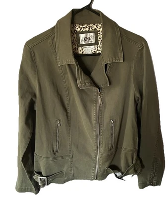 Women’s Live a Little Utility Jacket Size L Military Green Buckle Biker - Image 1 of 3