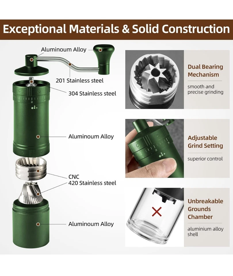 Molinillo de café manual de textura de acero inoxidable molinillo de café manual para el hogar Foto 1 de 4