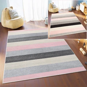 Alfombra habitación infantil de pelo corto moderno a rayas gris crema rosa salón - Imagen 1 de 18
