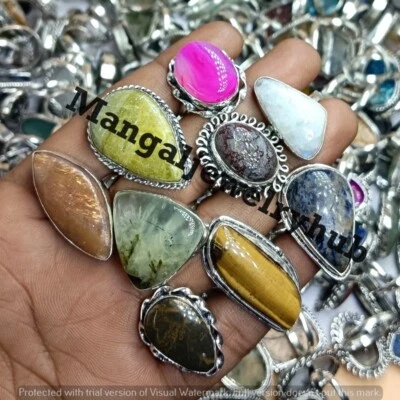 Lote de 10 piezas de anillos enchapados en plata 925 al por mayor de joyas ojo de tigre y mezcla de piedras preciosas Foto 1 de 4