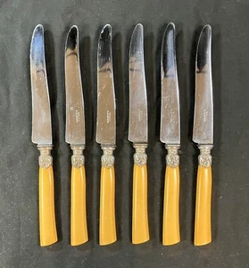 Set of 6 Large Bone Handle Knives Stainless Blades marked Rolli A Lausanne (KMT) - Picture 1 of 5