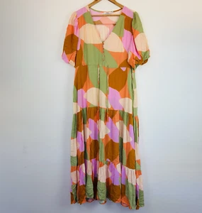 Fria Maxi Dress Size 14 Colourful Boho Puff Sleeve Tie Waist Pockets As New - Picture 1 of 7