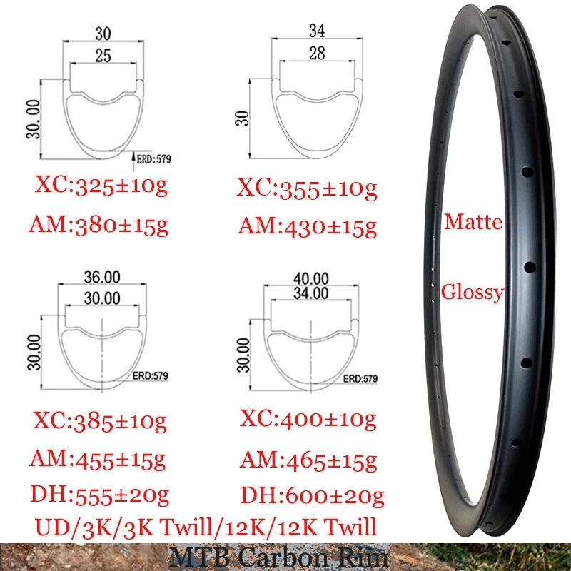 29er MTB XC AM 30/34/36/40X30mm Carbon Rims Clincher Tubeless 24 28 32 36 Hole - Image 1 of 4