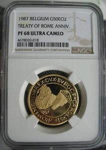 Belgium 1987 Gold 50 ECU NGC PF-68 Ult.Cameo -TREATY OF ROME ANNIVERSARY  - Picture 1 of 3