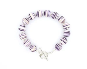 Men’s Wampum Quahog Shell Bracelet – 12mm Plum Purple Beads – Sterling Silver - Picture 1 of 4