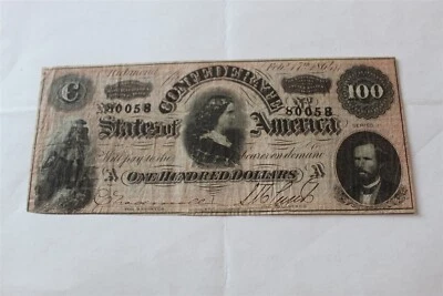 CONFEDERATE STATES $100 BANK NOTE FEB 17, 1864  - Image 1 of 2