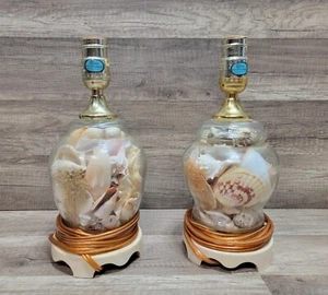 2 Vintage Seashell Filled Glass Beautiful Table Lamps Shells Beach Decor - Picture 1 of 10