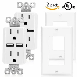 SenQ UL USB Outlet Port Charger Socket Receptacle + Wall Plate 2 Pack Outlets - Picture 1 of 6