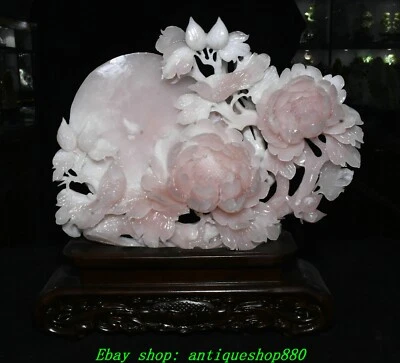 14-дюймовая китайская скульптура из натурального розового нефрита Xiu с резным цветком пиона птицей - Изображение 1 из 4