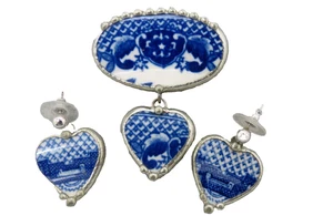 Pendientes Broche China Rotos Azul Ware Delph Plata Cuelga Corazones Carrigan '95 - Imagen 1 de 7