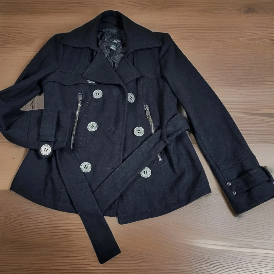 DAYTRIP THE BUCKLE PeaCoat Mujer Mediano Negro Mezcla de Lana Botones Cinturón Chaqueta  Foto 1 de 4