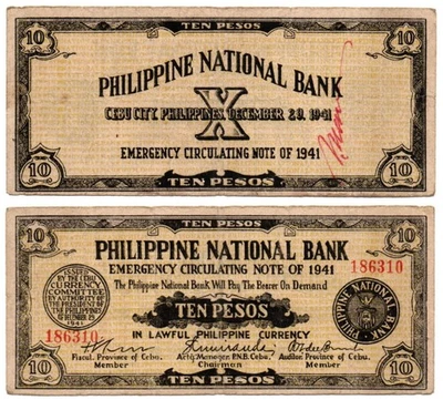 1941 Philippines Province Of CEBU 10P Emergency S217 Signed In PALOMPON Leyte - Image 1 of 4