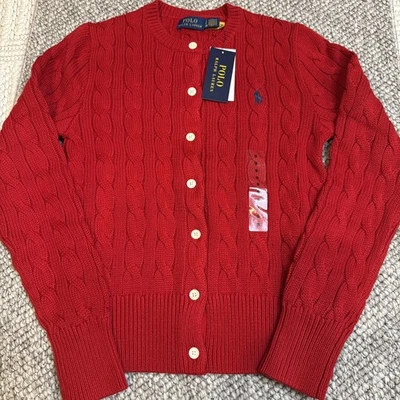 Polo Ralph Lauren Mujer’s Cárdigan Tejido con Cable Suéter Rojo 100% Algodón Nuevo con Etiquetas Foto 1 de 4