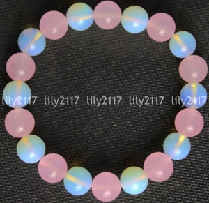 Natural 8/10/12mm Pink Jade White Opal Gems Round Bead Stretchy Bracelet 7.5'' - Picture 1 of 6