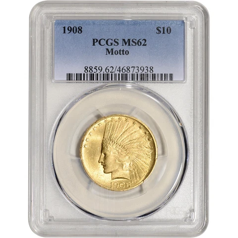 1908 US Gold $10 Indian Head Eagle - With Motto - PCGS MS62 Cover