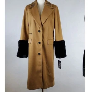 Karl Lagerfeld Paris Coat Womens 10 Camel Brown Faux Fur Cuff Coat Nutmeg NWT - Picture 1 of 11