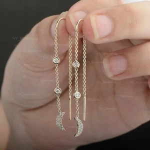 Solid 14K Yellow Gold Half Moon Drop Charm Diamond Link Chain Threader Earrings - Picture 1 of 9