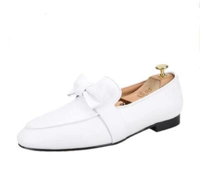 Men's Fashion Round Toe Bowknot White Leather Loafers Groom Wedding Dress Shoes - Image 1 of 4