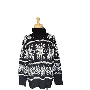Vintage 90s Oversized Retro Fair Isle Heavy Knitted Wool-Blend Black-W Sweater. 