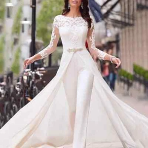 Jumpsuit Lace Wedding Dresses With Detachable Train O-Neck Bridal Gowns Beaded - Picture 1 of 8