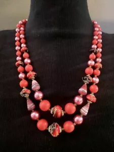 Vintage Necklace Japan Pink & Red Beaded Multistrand Graduated Hook Clasp - Picture 1 of 10