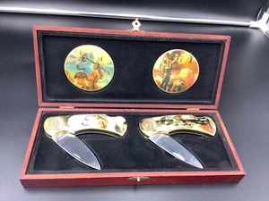 2 Piece Native American Folding Knife Set and Wood Case - Picture 1 of 8