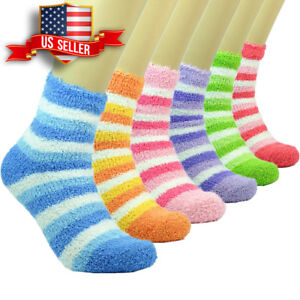 Lot 3-10 Pairs Women Soft Cozy Fuzzy Striped Winter Home Slipper Socks Size 9-11