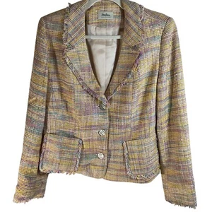 Giacca blazer vintage Neiman Marcus tweed taglia 14 rosa pastello seta frange classico - Foto 1 di 8