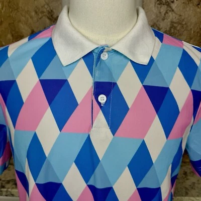 Paul Jones Polo Shirt Mens Medium Pink Blue Geometric Knit Short Sleeve Foto 1 de 4