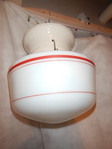 Art Deco Arts & Crafts Bungalow Red Pin Striped Shade w/  Porcelain Fixture Cover