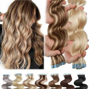 THICK 150G Tape In Virgin Human Hair Extensions PU Skin Wefts Wavy FULL THICK US - Picture 1 of 53