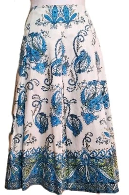 Talbots Y2k 100% cotton blue cream paisley pleated A-line knee length skirt 8 - Image 1 of 4