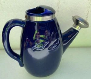 French Country Cobalt Blue~Silver Ceramic Watering Can - Picture 1 of 4