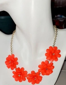 J. CREW Matte Neon Orange Chunky Floral Statement Necklace Signed 17-19" Giftbag - Picture 1 of 7