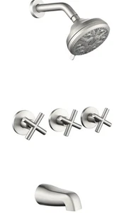 3 Handles Shower Head Faucet Set w/ Bathtub Spout Combo & Trim Kit Brush Nickel - Picture 1 of 9