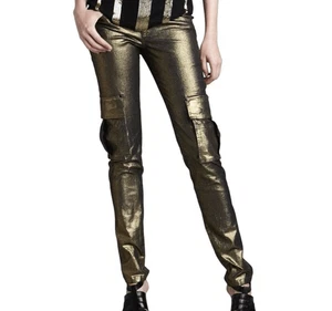 Alice + Olivia Gold Black Jeans 4 Metallic Skinny Cargo Pants y2k Stretch Low Ri - Bild 1 von 16