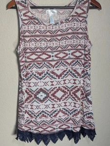 Just Be Tunic Tank LARGE Poly Spandex Red Blue Crocheted Lace Hemline SW Geo... - Picture 1 of 7