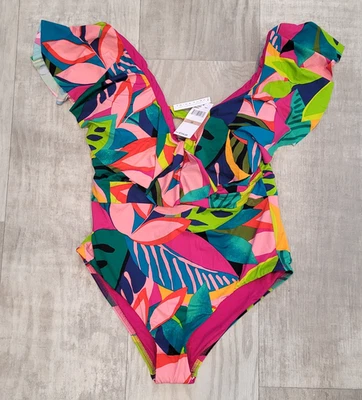 NUEVO CON ETIQUETAS $154 Traje de Baño Trina Turk Talla 12 Hoja de Palma Volantes Una Pieza Tropical Colorido Foto 1 de 4