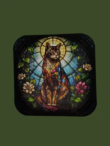 Glossy  Magnet – Stained Glass Cat & Floral Design  - Picture 1 of 1