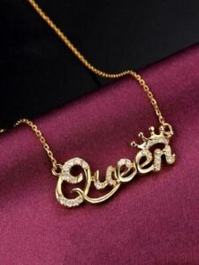 Women's Lab Created Diamond Queen Name Pendant 14K Yellow Gold Plated Free Chain