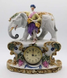 Antique German Hand painted Porcelain Figurine Elephant Mantle Clock w Gold Trim - Picture 1 of 20