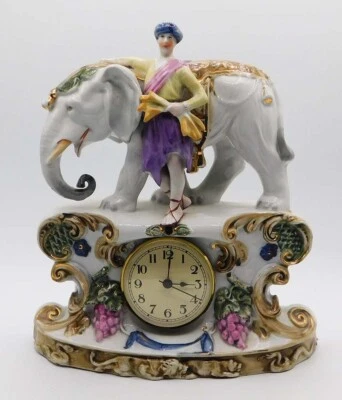 Antique German Hand painted Porcelain Figurine Elephant Mantle Clock w Gold Trim - Image 1 of 4