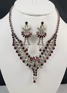Vintage Rubinrot & Klar Strass Halskette & Ohrhänger Clip auf Ohrring SET - Bild 1 von 12