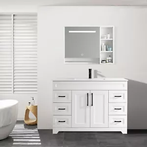 48" Bathroom Vanity With Sink Ceramic White Cabinet Without Mirror Faucet - Picture 1 of 6