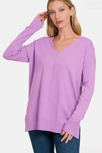 Zenana Slit V-Neck Dropped Shoulder Sweater - Picture 1 of 5