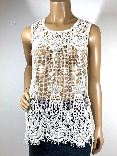 OFF WHITE Top in pizzo Blu Pepper Off White tessuto aperto taglia L trasparente davanti tinta unita dietro